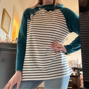 Striped Raglan Hoodie - Teal Sleeves, White & Black Stripe Body